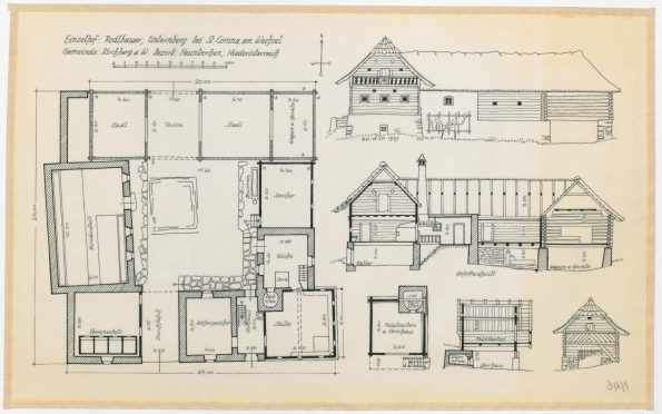 von Adalbert Klaar handgezeichneter Plan eines Bauernhauses in den 1930er Jahren, mit verschiedenen Perspektiven 